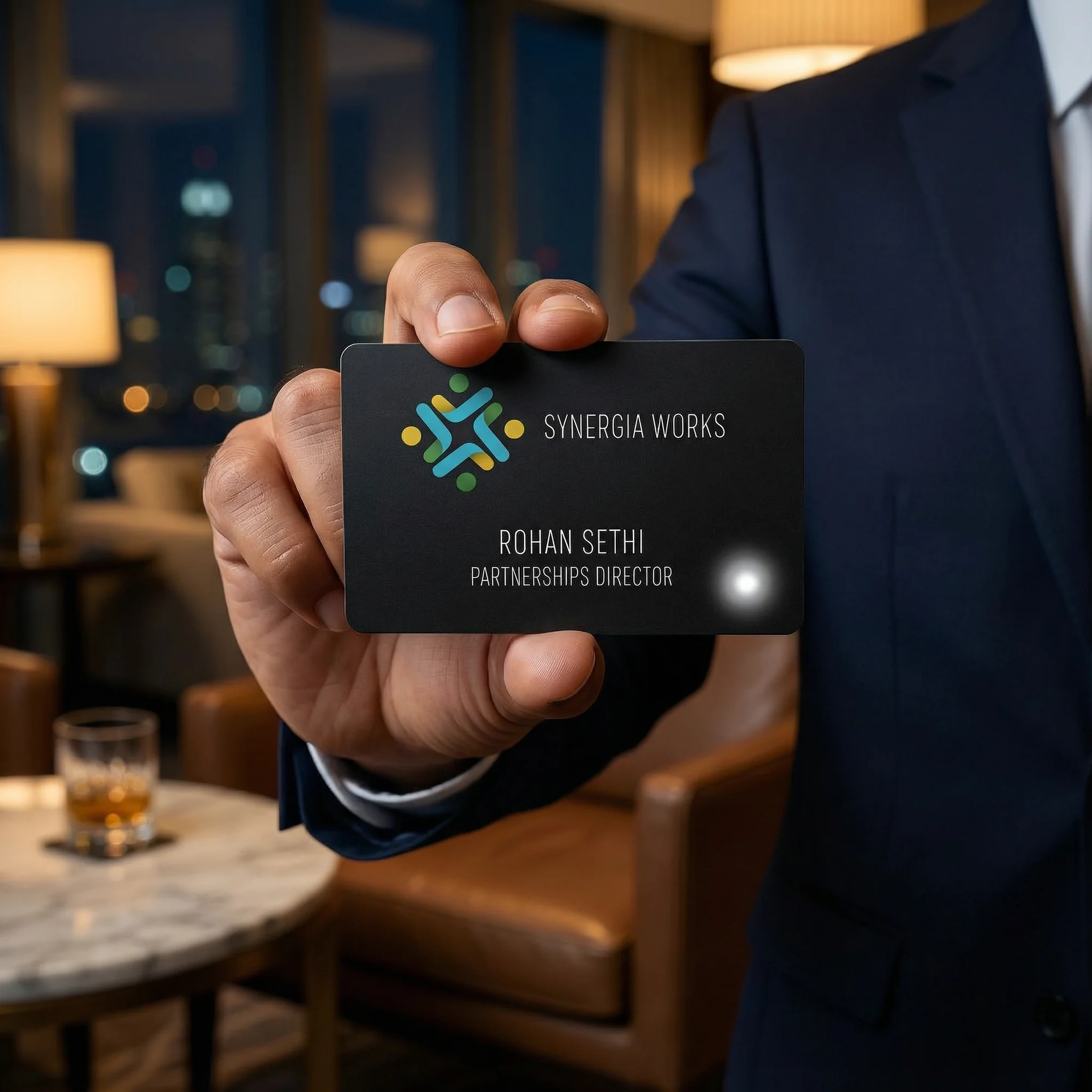A person holds a black business card with "Synergia Works" and "Rohan Sethi, Partnerships Director" printed on it, featuring a glowing LED in a dimly lit room.