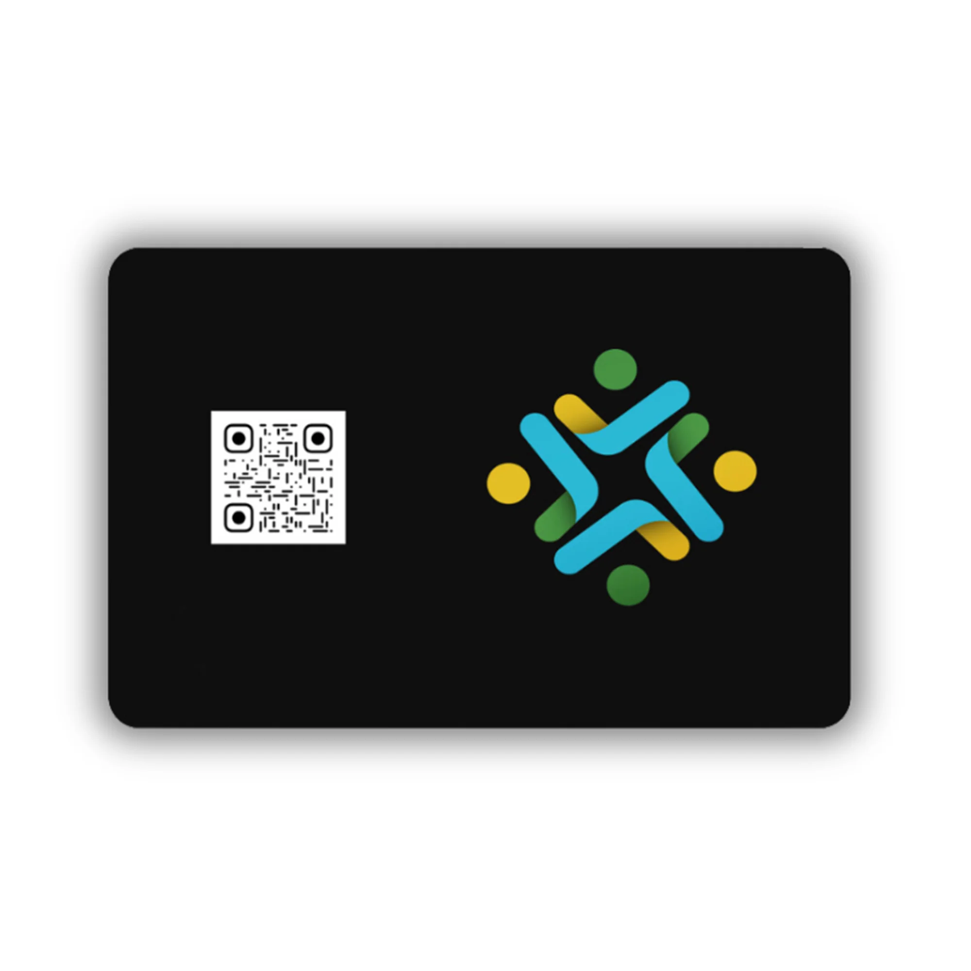 A black card featuring a colorful geometric logo and a QR code on a white background with customization text.