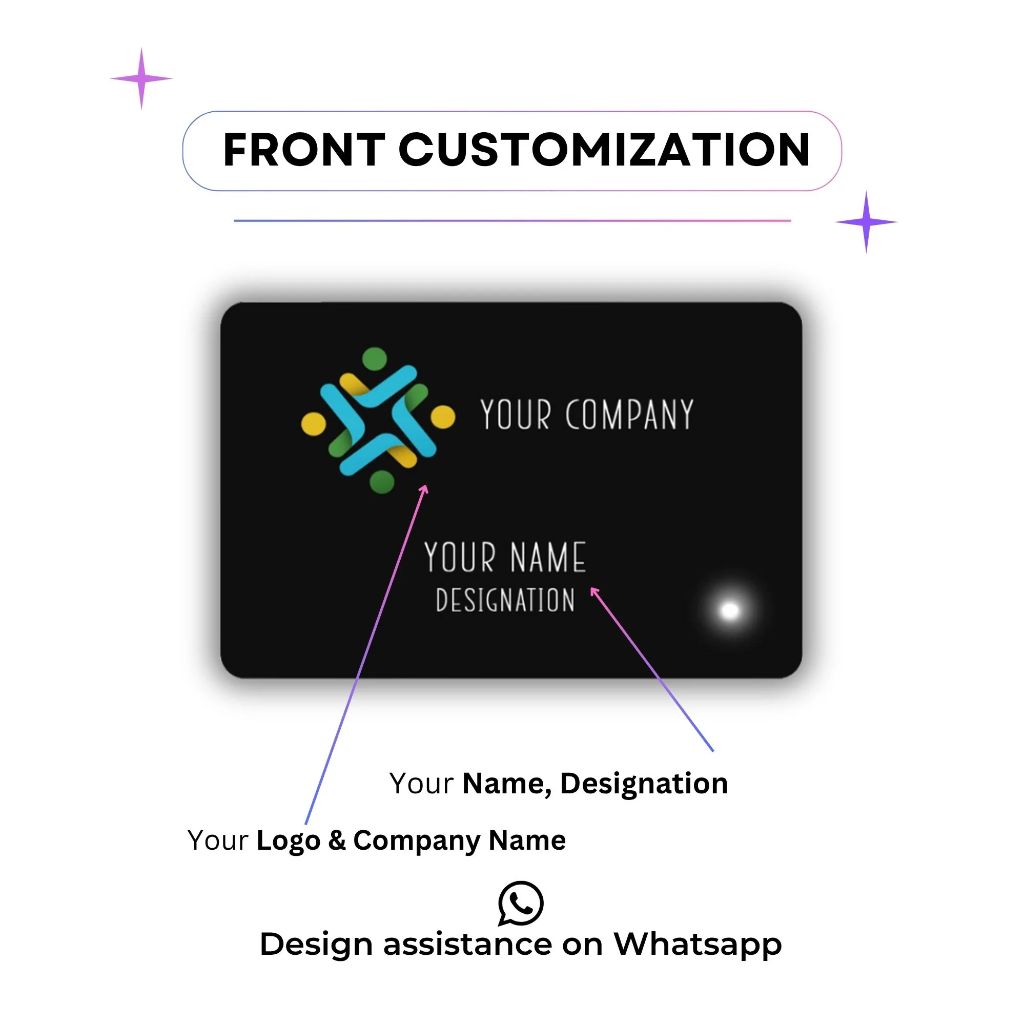 A black NFC business card with a colorful logo, company name, and LED light.