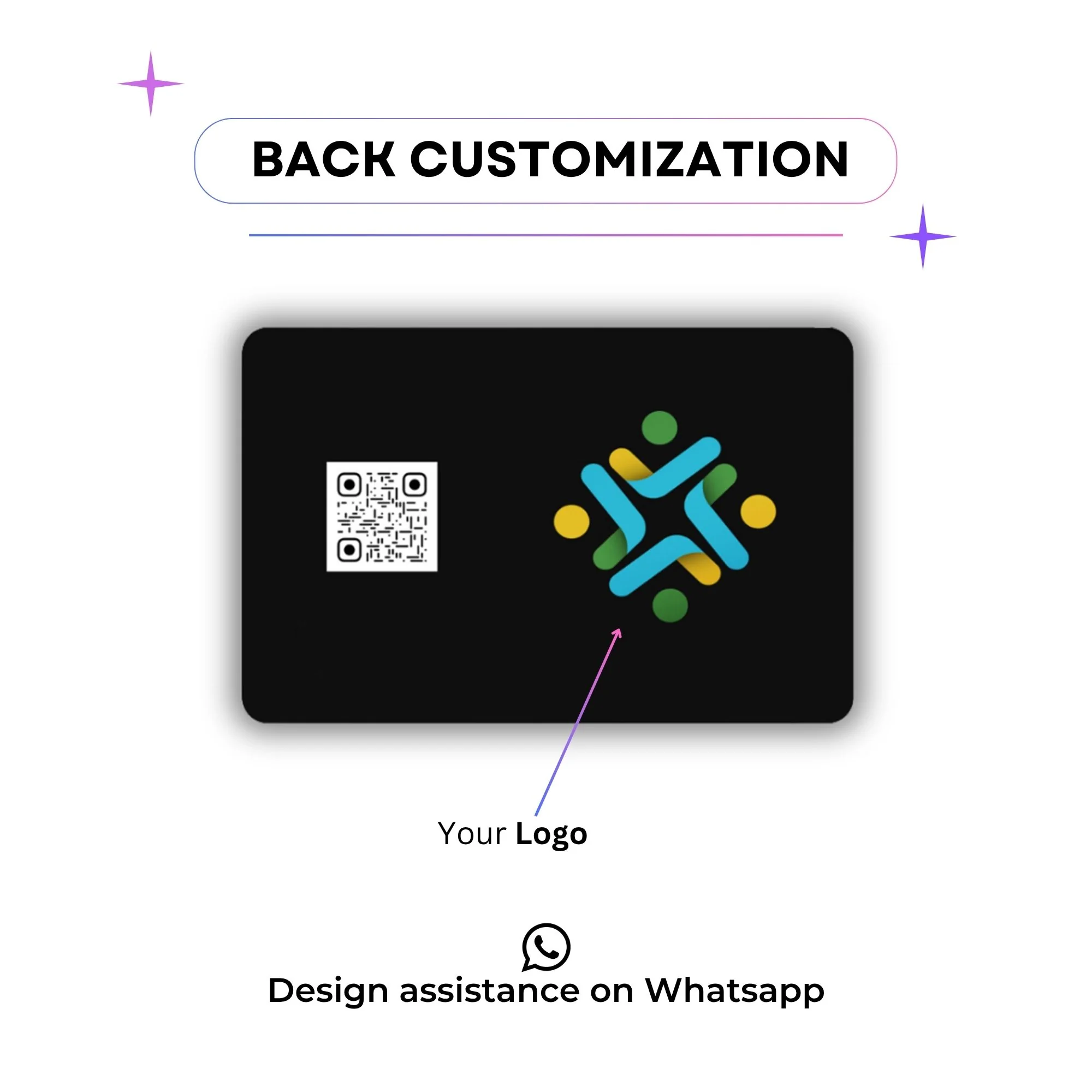 A black card featuring a colorful geometric logo and a QR code on the left side.
