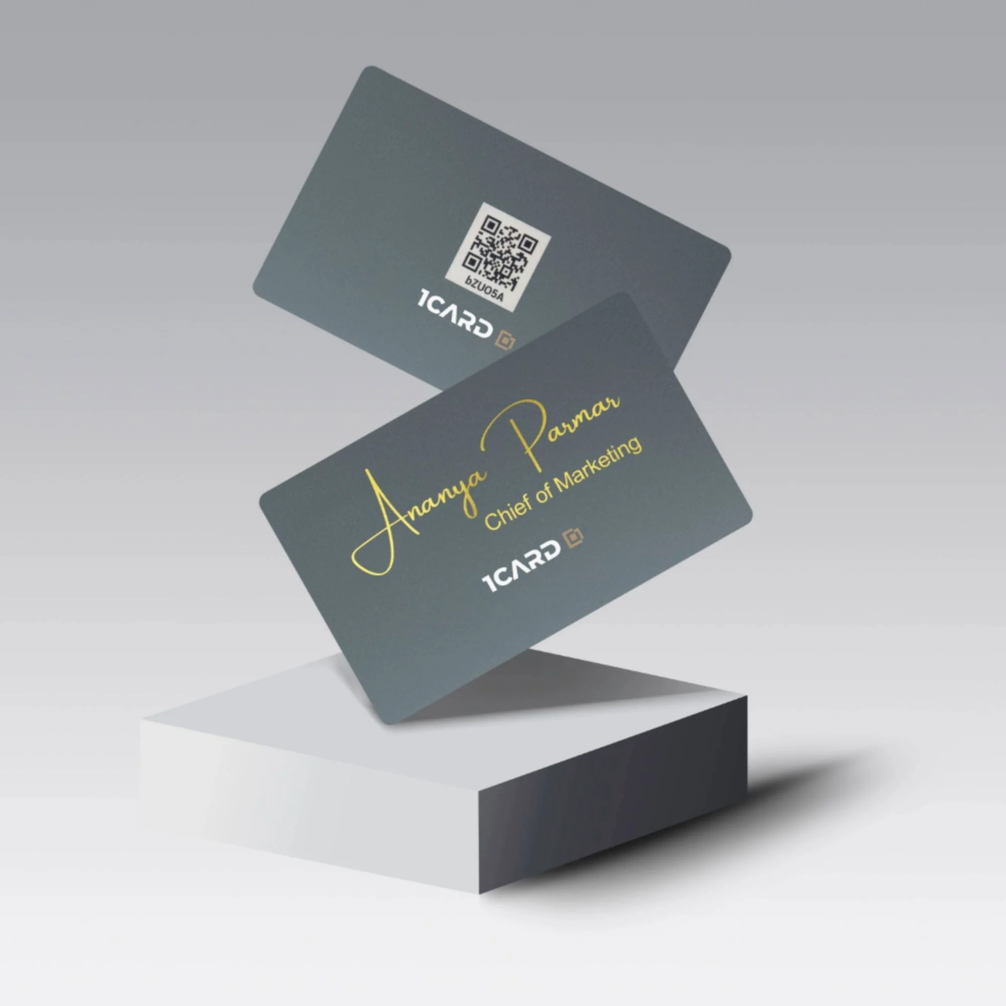 Two gray 1Card Regal Affluence cards with QR codes and gold text, displayed on a white pedestal.