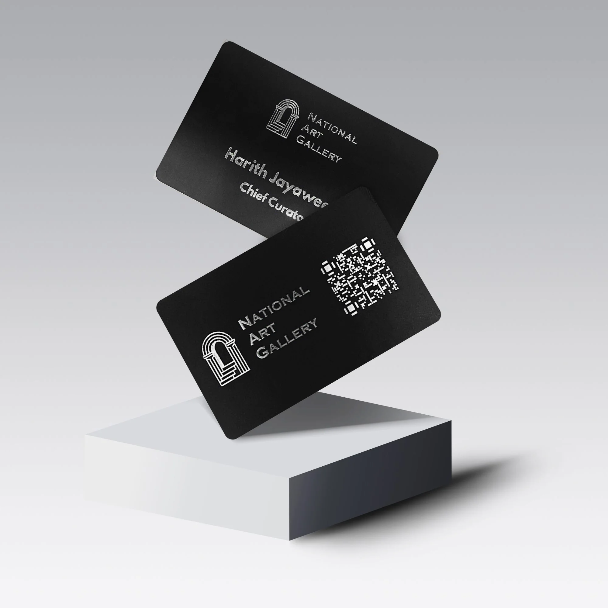 Two black cards with "National Art Gallery" logo, one showing a QR code and the other with text.